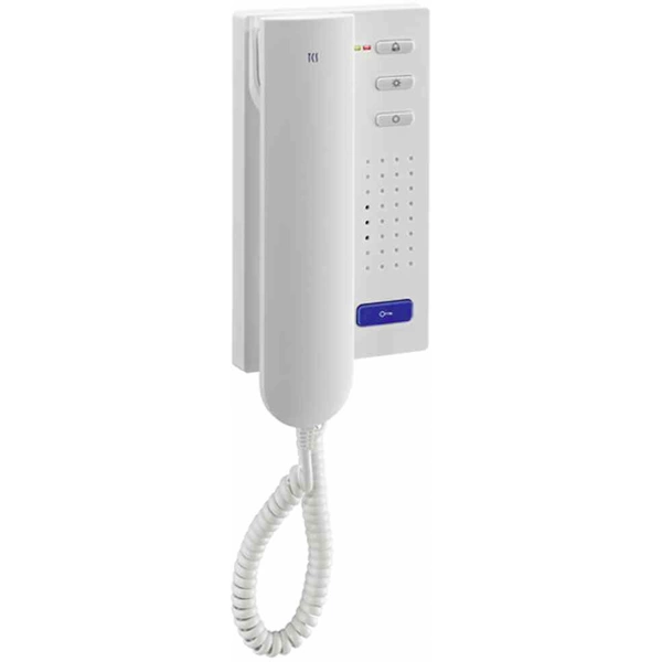 Weißes Gegensprechtelefon mit Hörer und Kabel, drei Knöpfe und Lautsprecherlöcher auf der Basis.